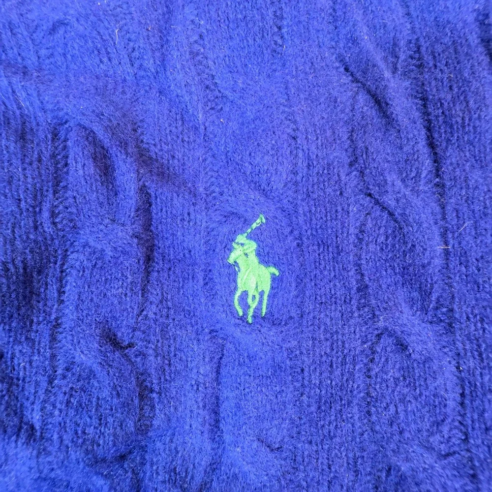 Polo Ralph Lauren Wool Cashmere Cable Knit Sweater Royal Blue Green Pony Mens M